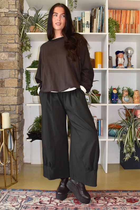 Bennie Quirky Barrel Pant Coffee Bean Pin Stripe